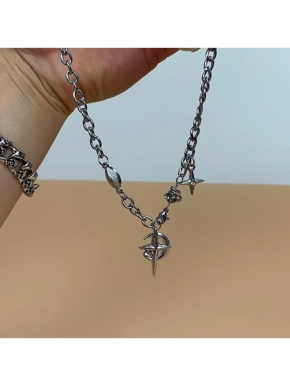 Y2k Cyber 2000s punk grunge crystal cross and opal pendant necklace chain. 20